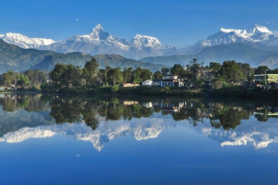 Phewa Lake with Annapurna mountain range reflection in Pokhara